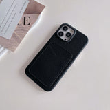 iPhone 15 Pro Litchi skinndekket plastbakdeksel m. Kortholder - Sort 