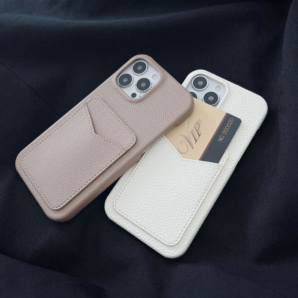 iPhone 15 Pro Litchi skinndekket plastbakdeksel m. Kortholder - Sort 