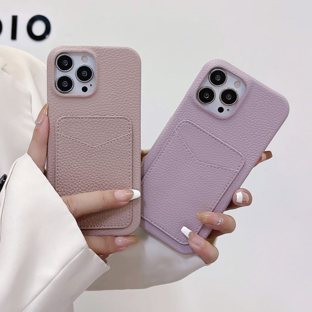 iPhone 15 Pro Litchi skinndekket plastbakdeksel m. Kortholder - Sort 