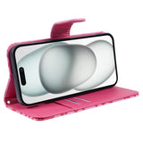 iPhone 15 Pro Leather Flip Cover m. Lommebok og stropp - Camellia Flower - Rosa
