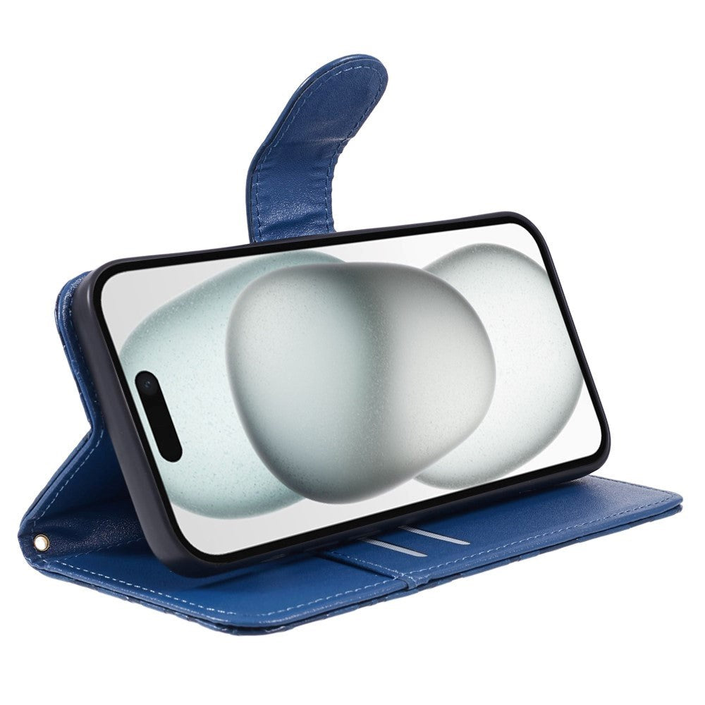 iPhone 15 Pro Leather Flip Cover m. Veske og stropp - Camellia Flower - Blå