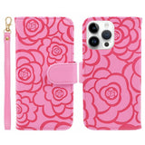iPhone 15 Pro Max Leather Flip Cover m. Veske og stropp - Camellia Flower - Rosa