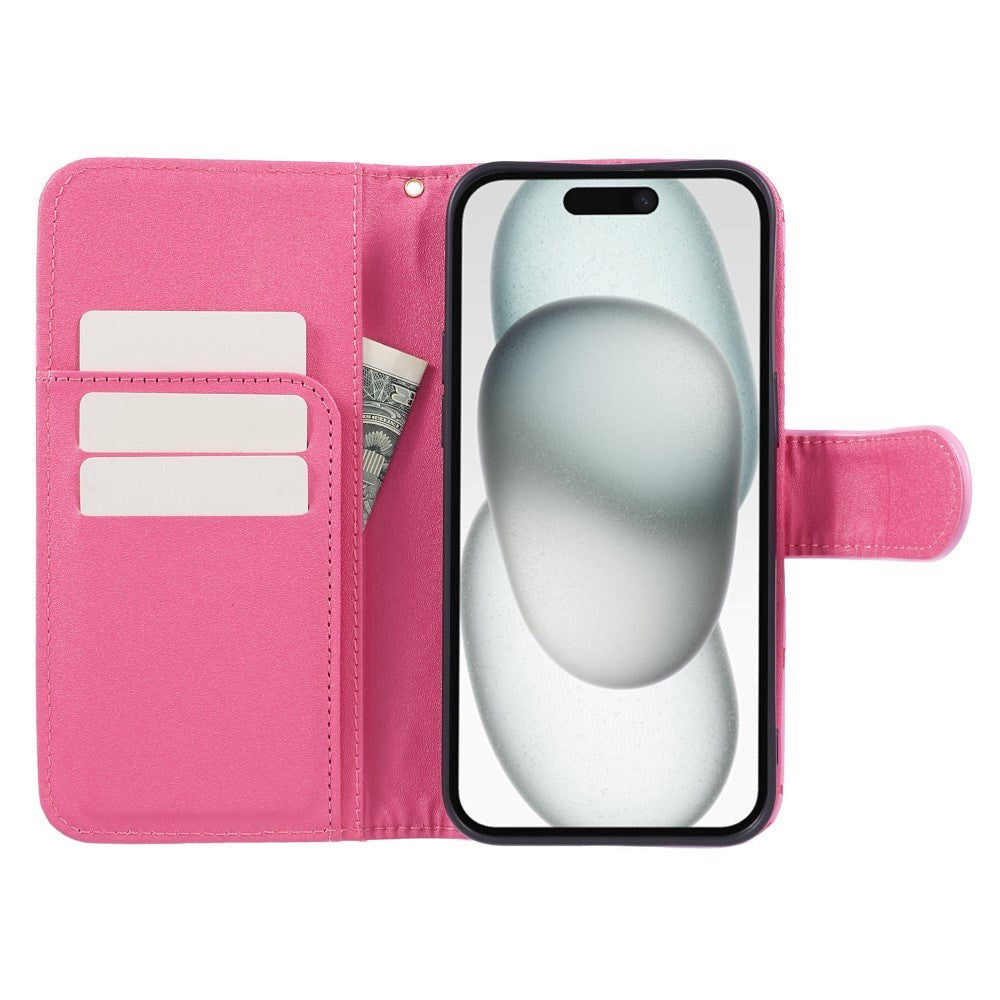 iPhone 15 Pro Max Leather Flip Cover m. Veske og stropp - Camellia Flower - Rosa