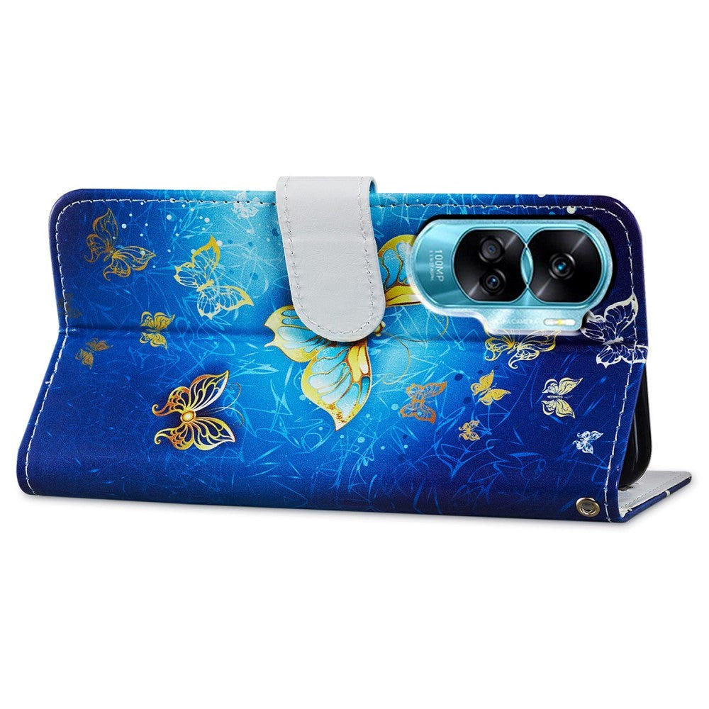 Honor 90 Lite flip-deksel i kunstskinn m. Lommebok og stropp - Gullsommerfugler