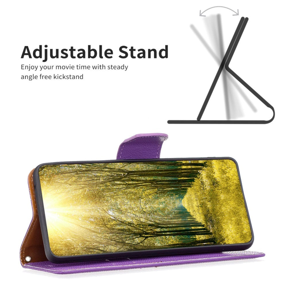 Samsung Galaxy A15 (5G) / A15 PU Litchi Leather Flip Cover m. Lommebok og stropp - Lilla