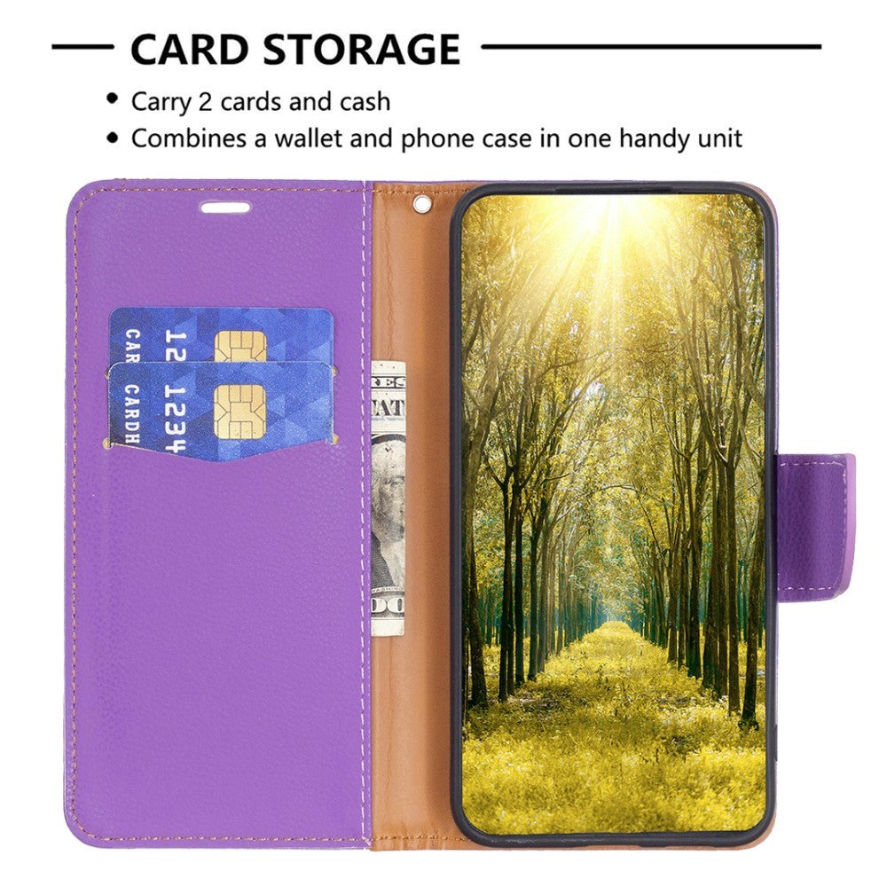 Samsung Galaxy A15 (5G) / A15 PU Litchi Leather Flip Cover m. Lommebok og stropp - Lilla