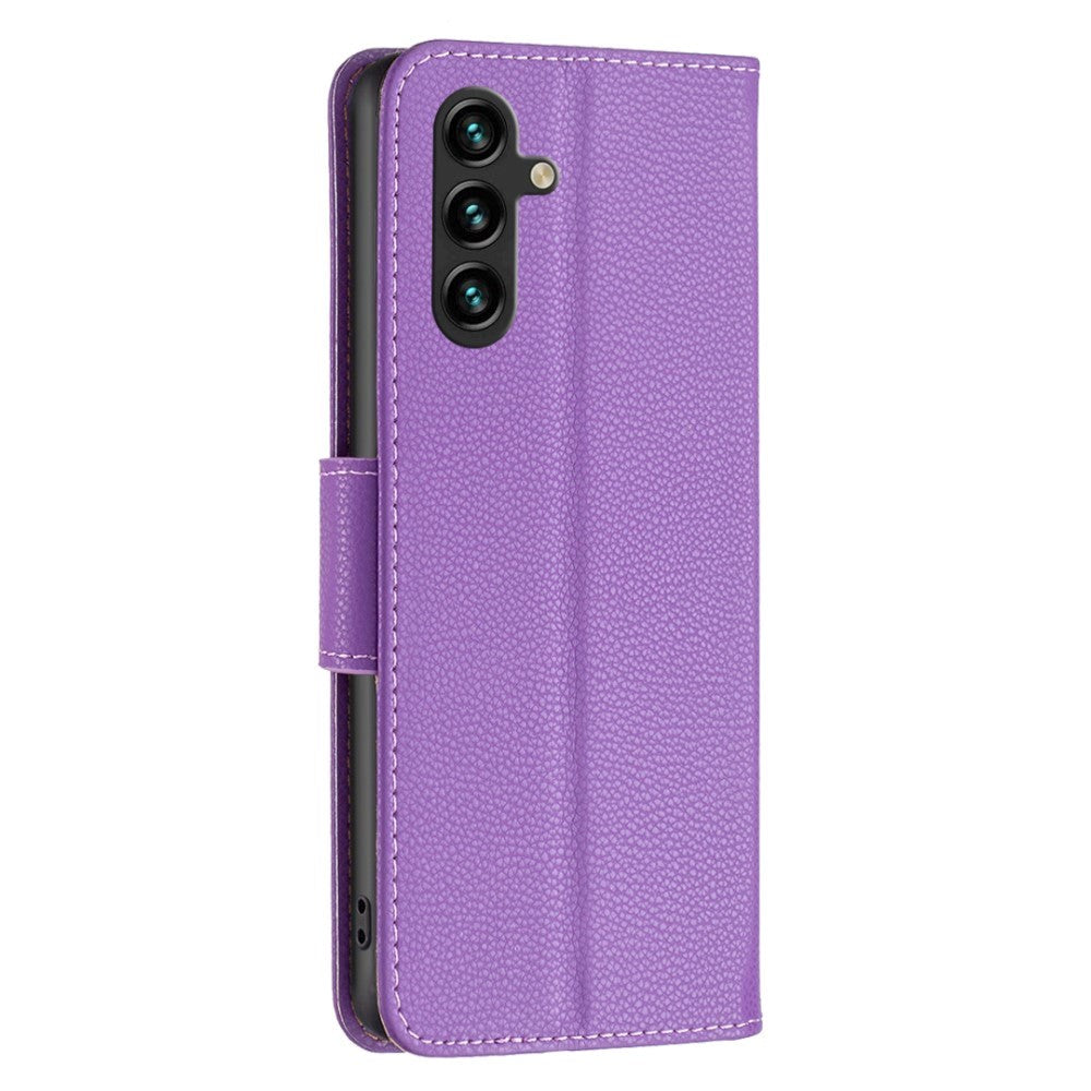 Samsung Galaxy A15 (5G) / A15 PU Litchi Leather Flip Cover m. Lommebok og stropp - Lilla
