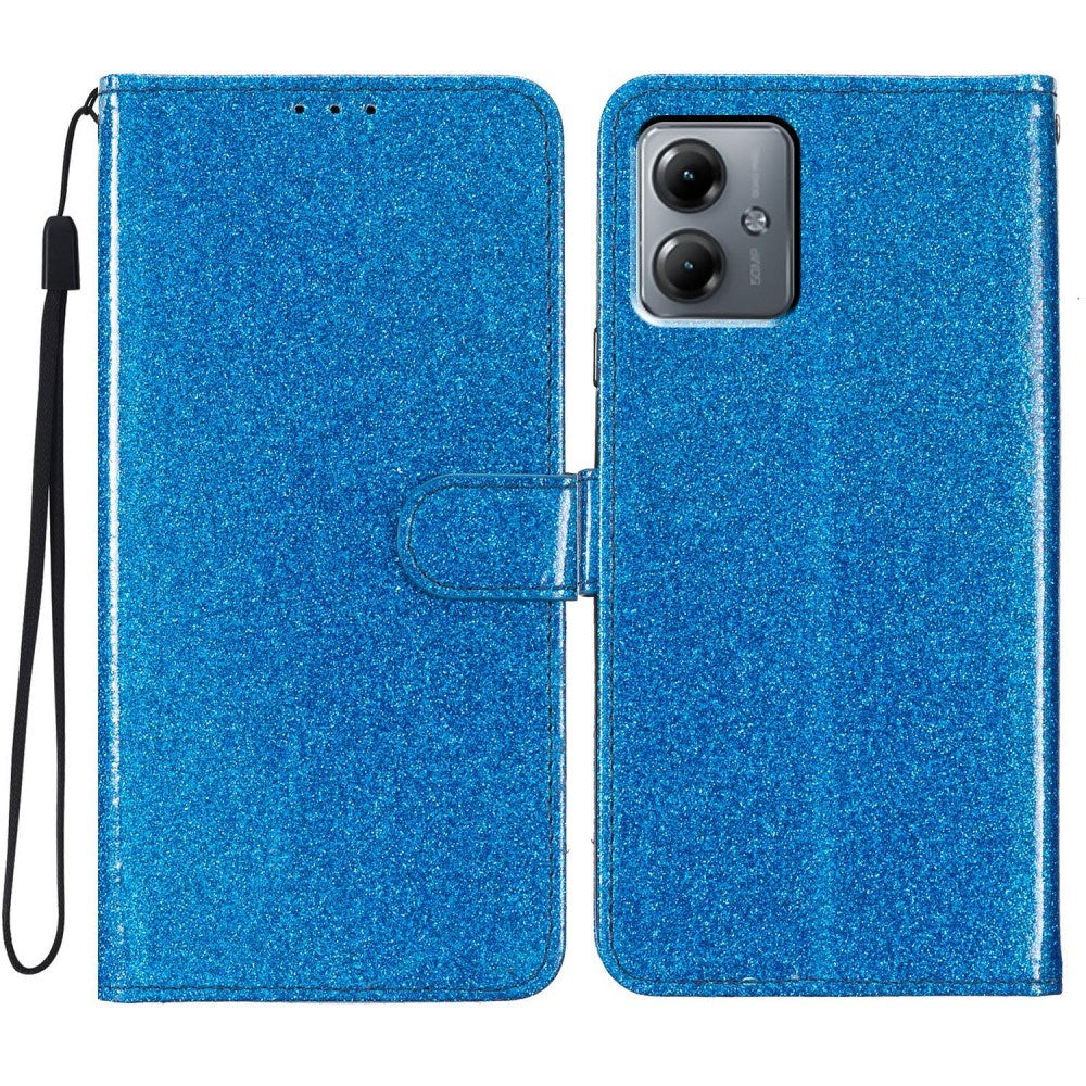EIDERWOOD Motorola Moto G54 Leather Flip Cover m. Lommebok &amp; stropp - Glitter - Blå