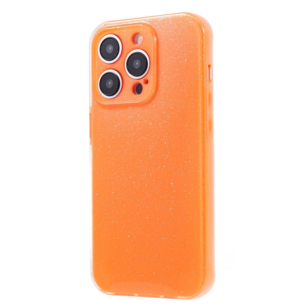 iPhone 15 Pro fleksibelt plastdeksel m. Glitter - Oransje