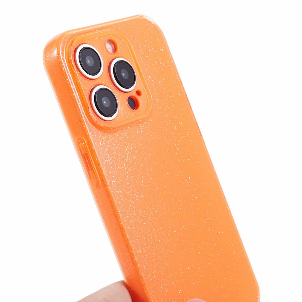 iPhone 15 Pro fleksibelt plastdeksel m. Glitter - Oransje