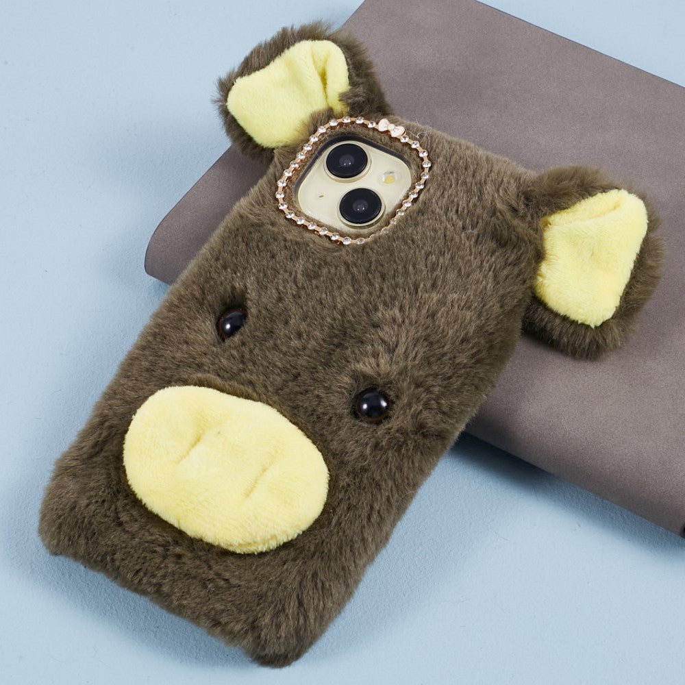 iPhone 15 fleksibelt plastdeksel m. Pels - Gris - Grønn / Gul