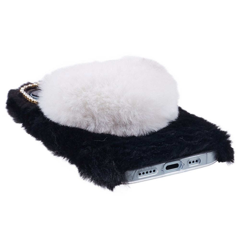 iPhone 15 fleksibelt plastdeksel m. Pels - Hjerte - Svart / Hvit