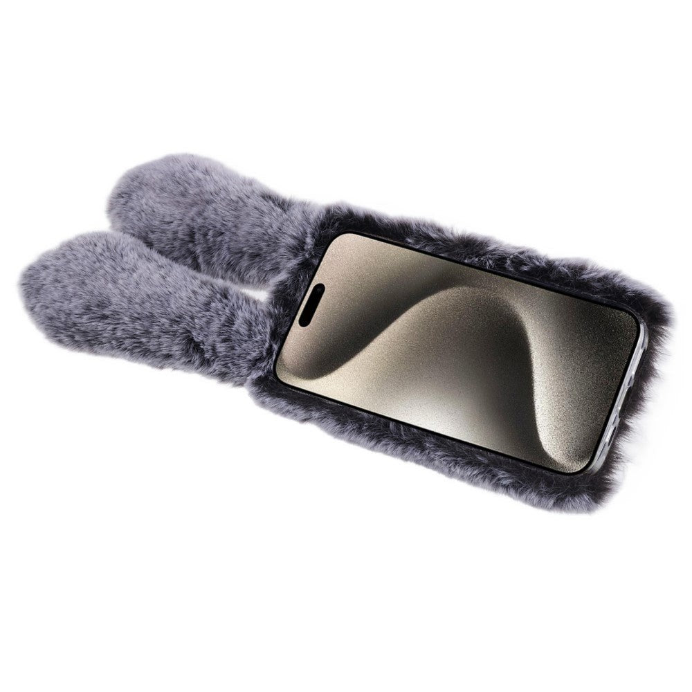 iPhone 15 fleksibelt plastdeksel m. Pels - Kaninører - Grå