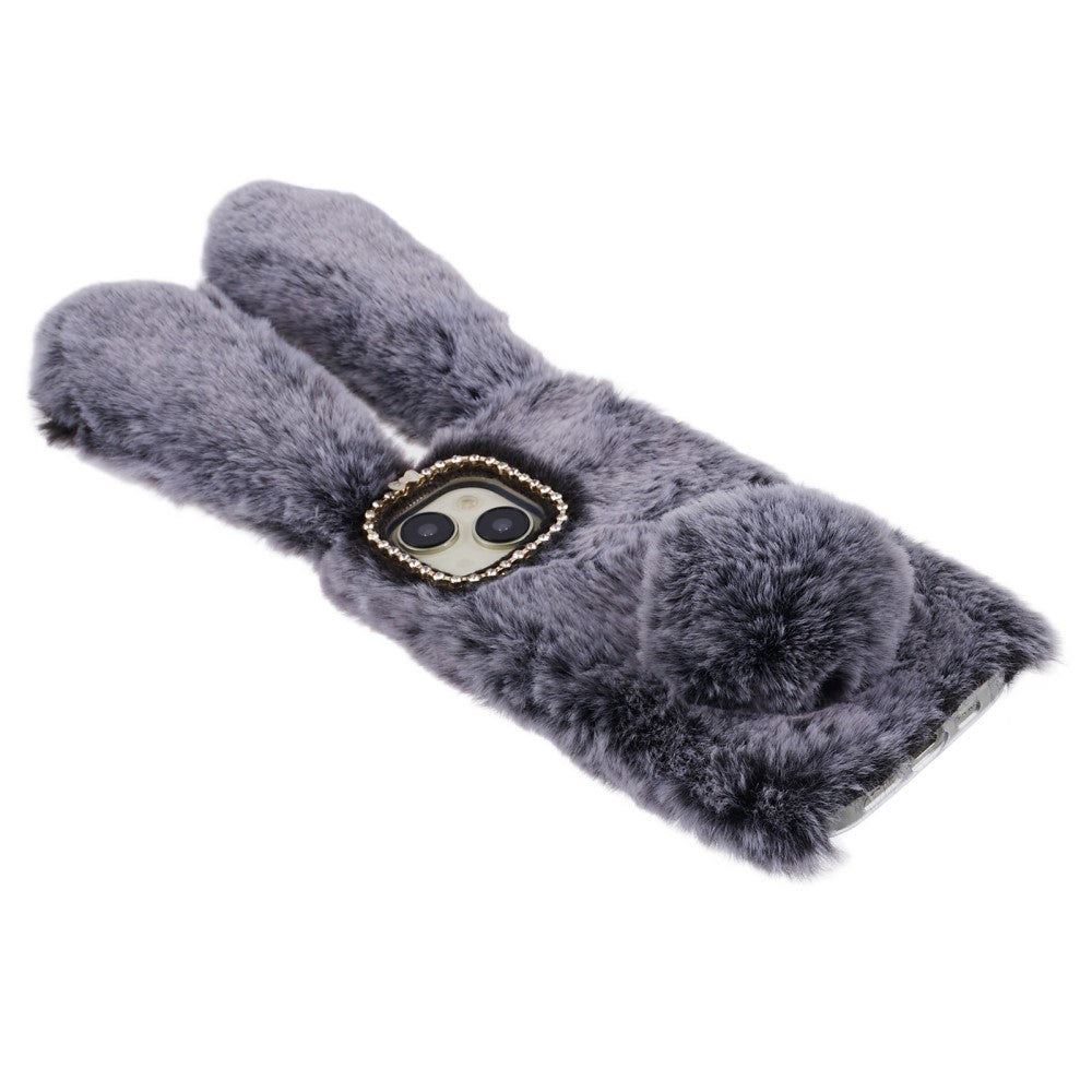 iPhone 15 fleksibelt plastdeksel m. Pels - Kaninører - Grå