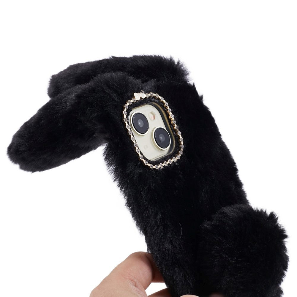 iPhone 15 fleksibelt plastdeksel m. Pels - Kaninører - Sort