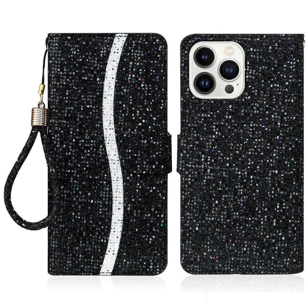 iPhone 15 Pro Leather Flip Cover m. Veske og stropp - Glitter Design - Svart