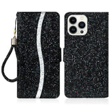 iPhone 15 Pro Leather Flip Cover m. Veske og stropp - Glitter Design - Svart