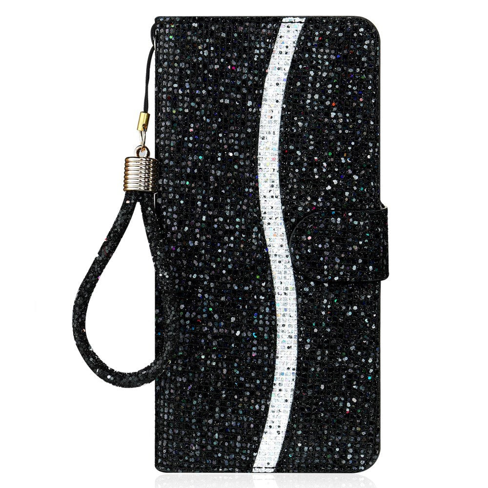 iPhone 15 Pro Leather Flip Cover m. Veske og stropp - Glitter Design - Svart