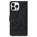 iPhone 15 Pro Leather Flip Cover m. Veske og stropp - Glitter Design - Svart