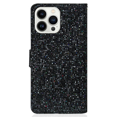 iPhone 15 Pro Leather Flip Cover m. Veske og stropp - Glitter Design - Svart