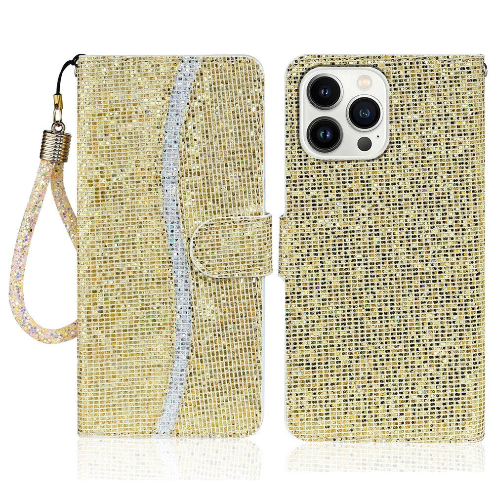 iPhone 15 Pro Leather Flip Cover m. Lommebok og stropp - Glitter Design - Gull