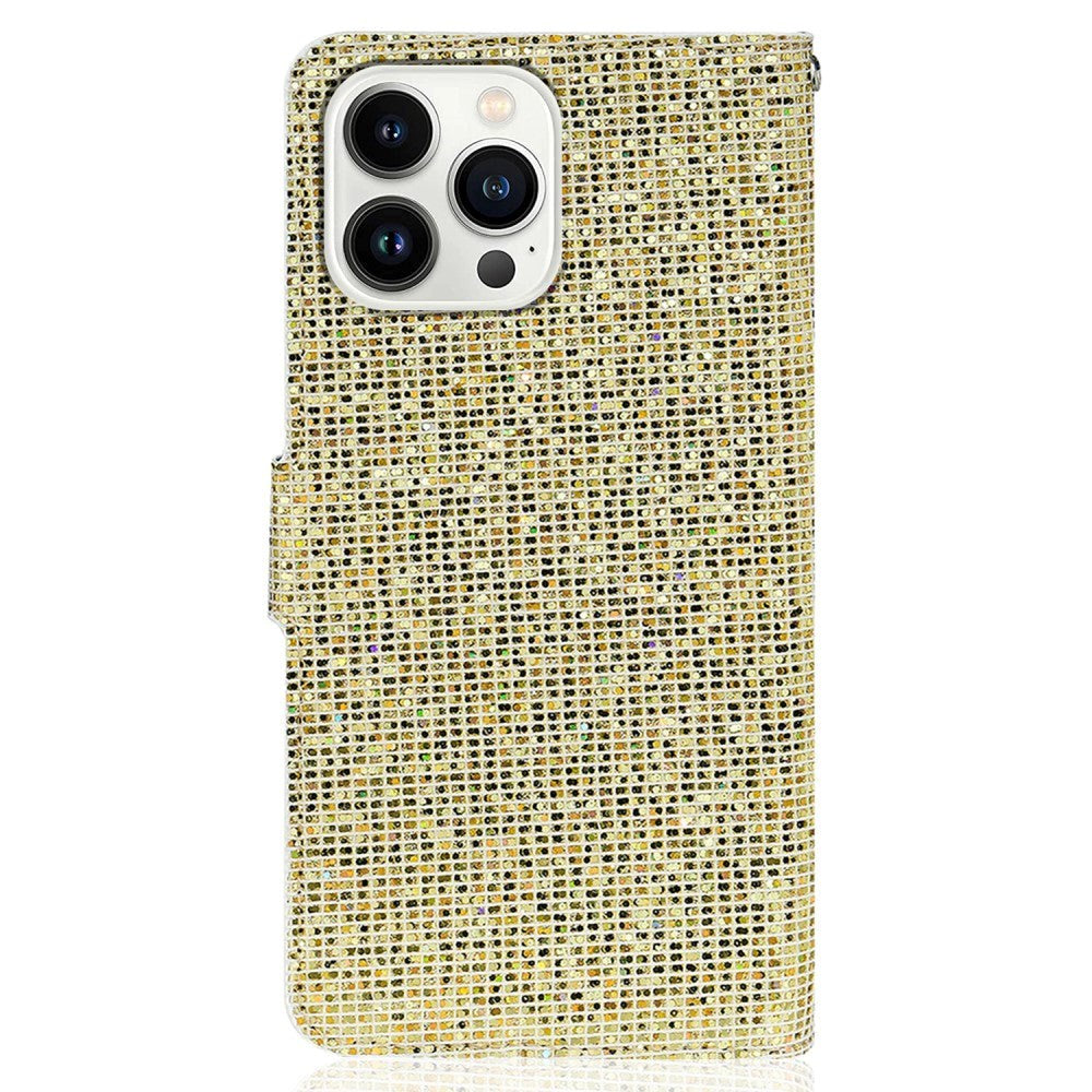 iPhone 15 Pro Leather Flip Cover m. Lommebok og stropp - Glitter Design - Gull