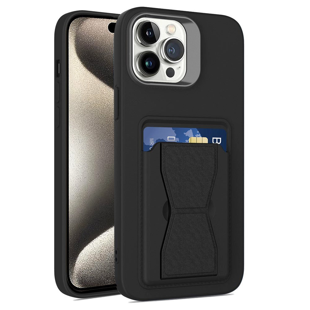 iPhone 15 fleksibelt plastdeksel m. Kortholder &amp; Kickstand - Svart