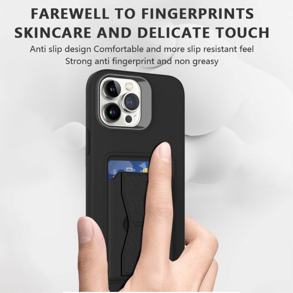 iPhone 15 Pro fleksibelt plastdeksel m. Kortholder &amp; Kickstand - Svart