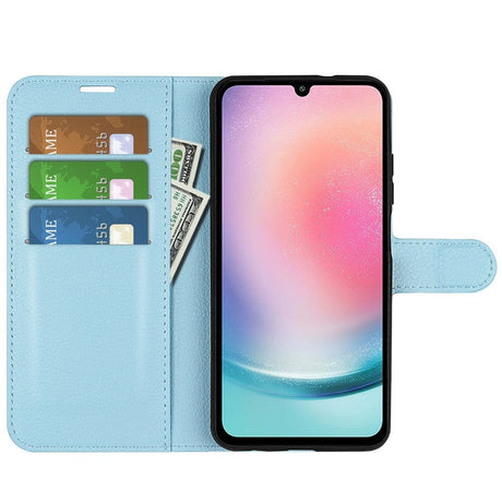 Samsung Galaxy A25 (5G) Litchi Leather Flip Cover m. Lommebok - Lyseblå