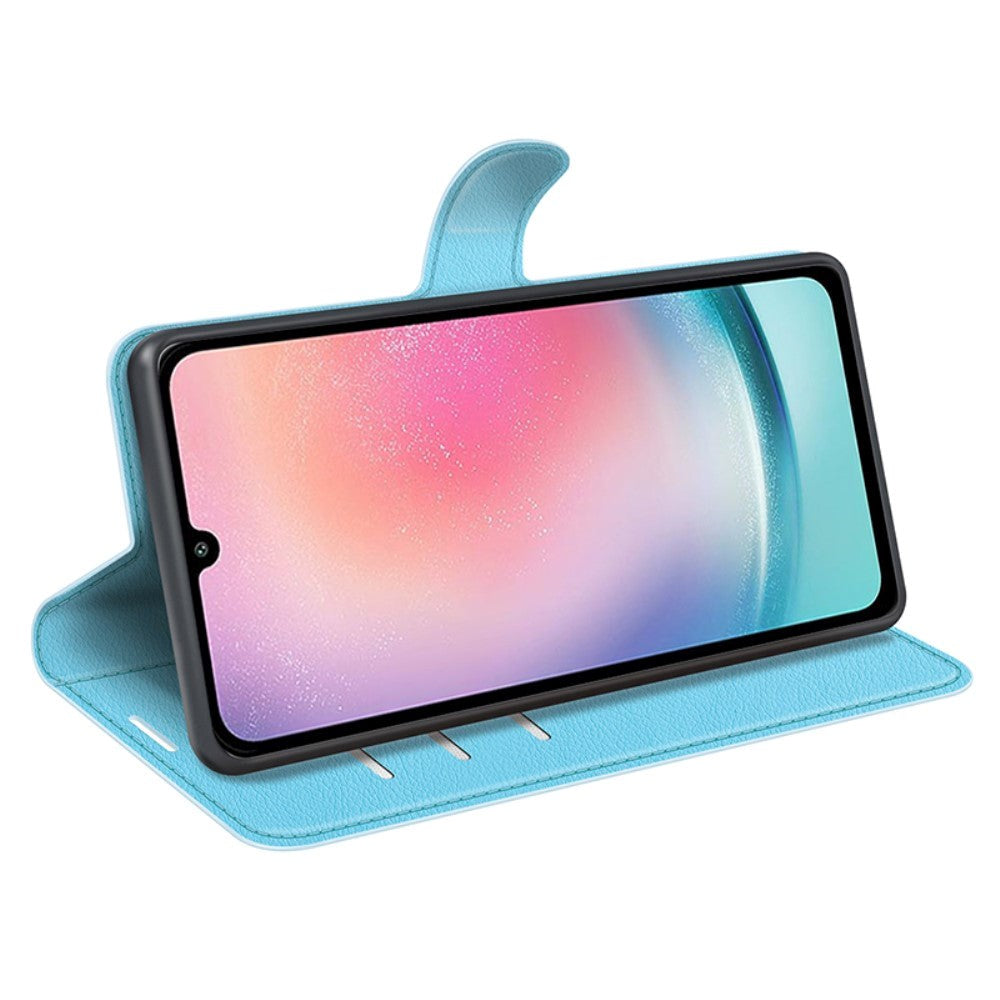 Samsung Galaxy A25 (5G) Litchi Leather Flip Cover m. Lommebok - Lyseblå