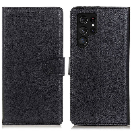 Samsung Galaxy S24 Ultra Litchi Leather Flip Cover m. Lommebok - Svart