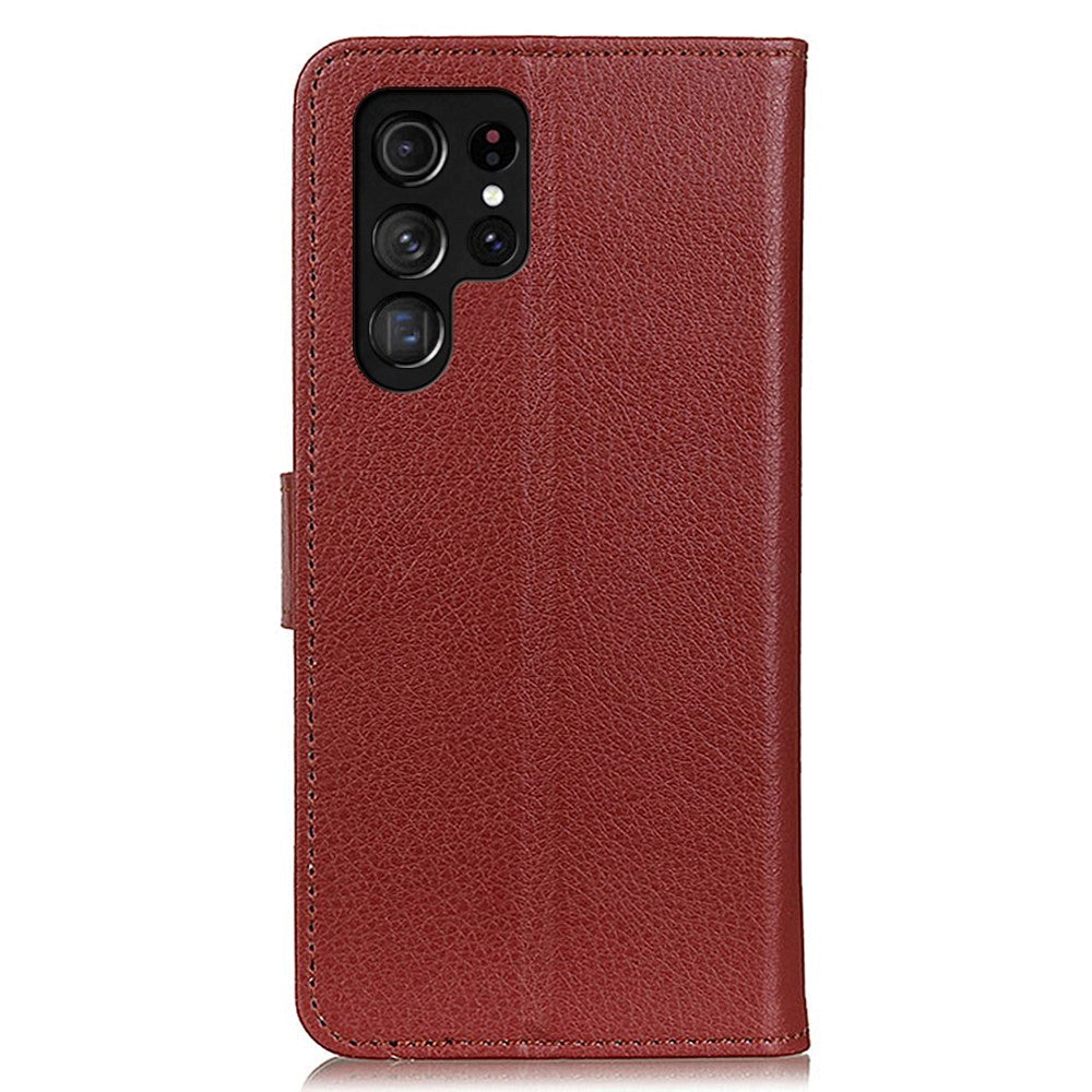 Samsung Galaxy S24 Ultra Litchi Leather Flip Cover m. Lommebok - Brun
