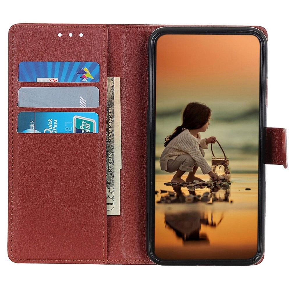 Samsung Galaxy S24 Litchi Leather Flip Cover m. Lommebok - Brun