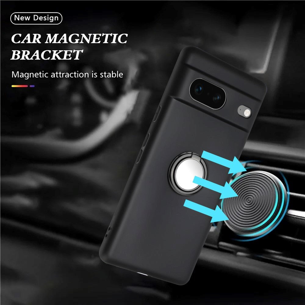 Google Pixel 8a fleksibelt plastdeksel m. Ring Stativ - Svart m. Magnetisk svart ring