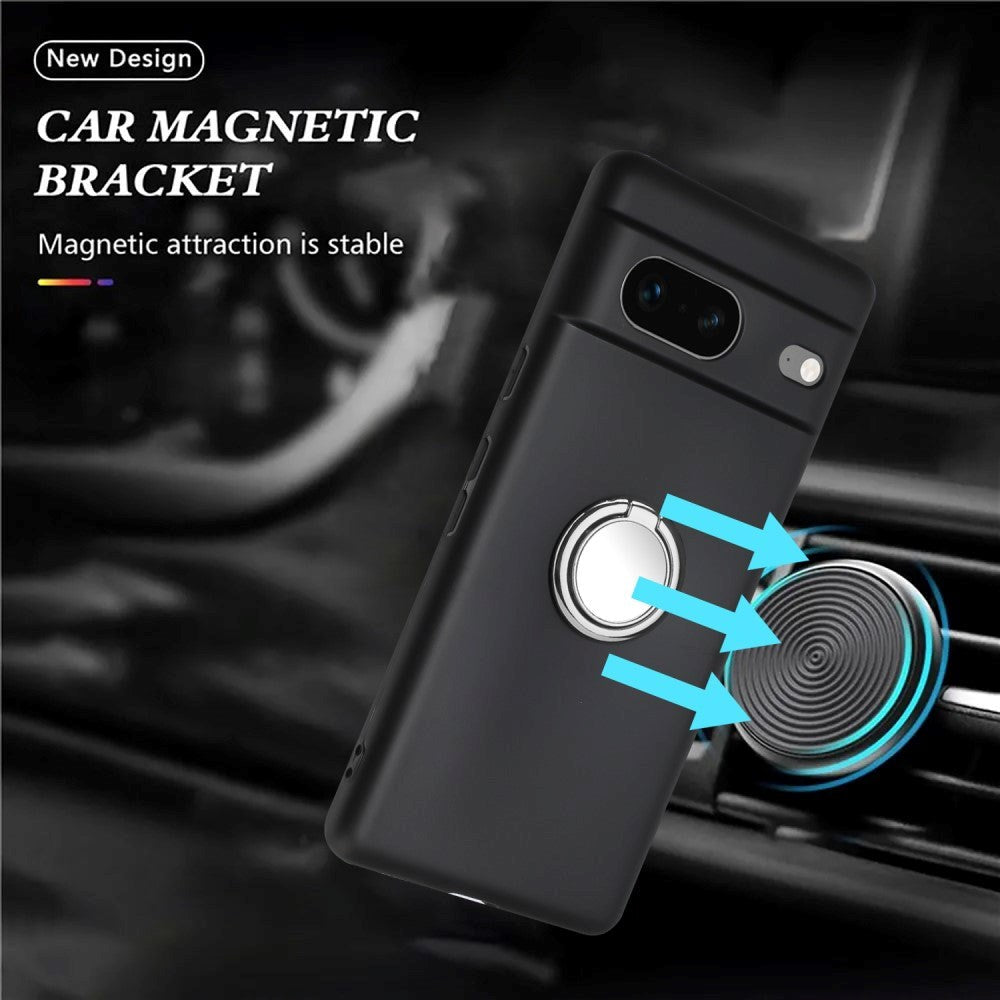 Google Pixel 8a Fleksibelt Plastik Bagside Cover m. Ring Kickstand - Sort m. Magnetisk Sølv Ring