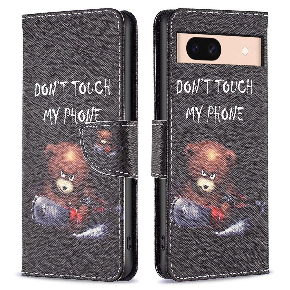 EIDERWOOD Google Pixel 8a Leather Flip Cover m. Lommebok &amp; Print - "Don't Touch My Phone" - Bjørn