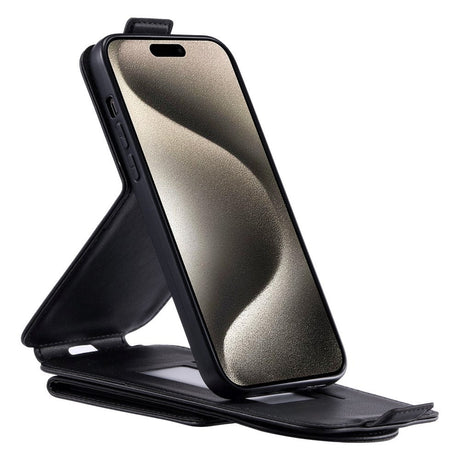 iPhone 15 Pro vertikalt flipdeksel i kunstskinn m. Lommebok / Stativ / Stropp - Svart