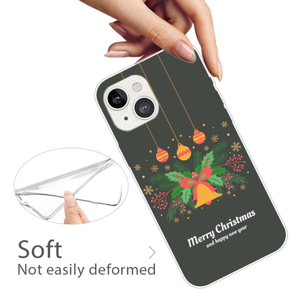 iPhone 15 Plus fleksibelt plastbakside juledeksel - god jul - julekrans og juleklokke