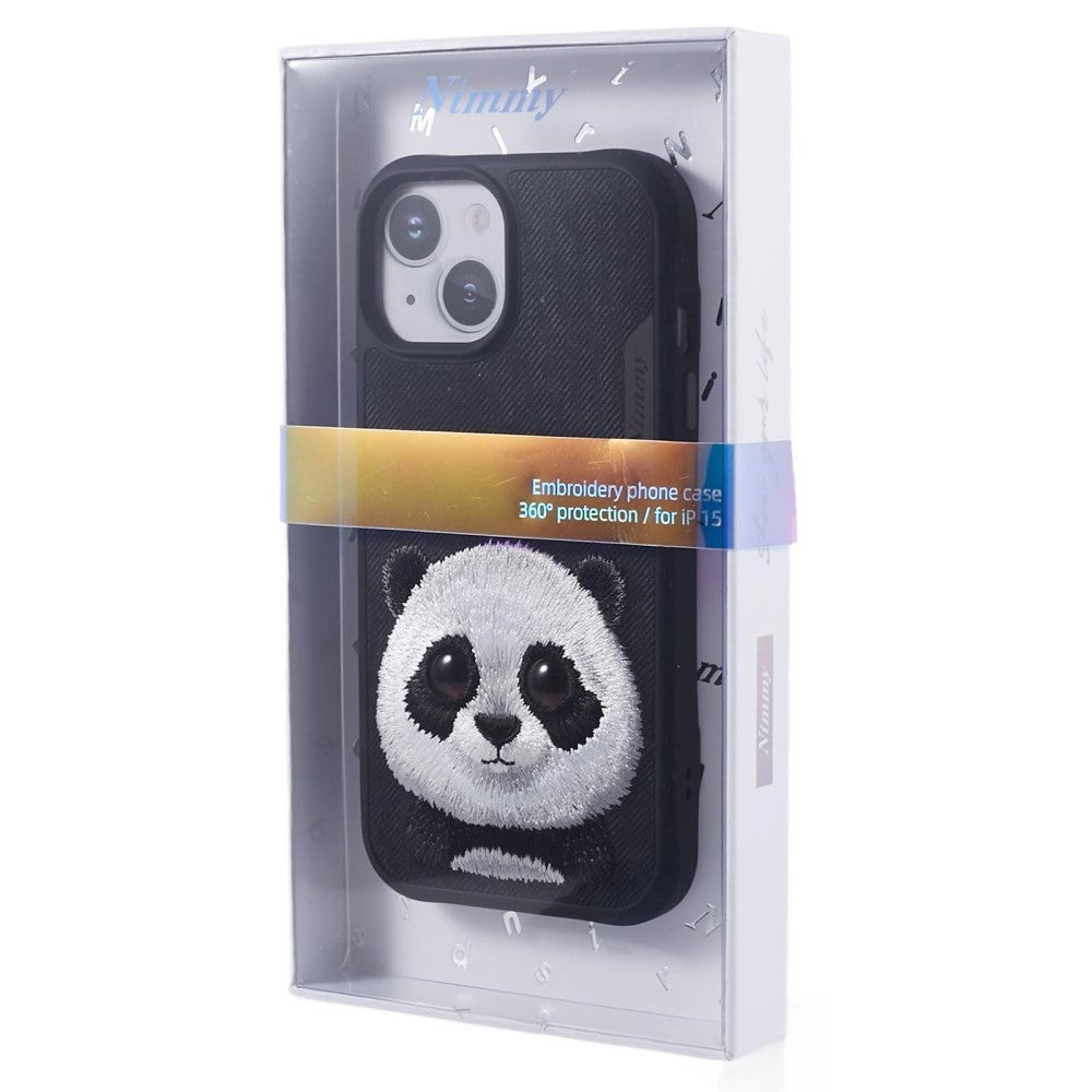 iPhone 15 Hybrid Bakdeksel m. Dyremotiv og broderi - Panda