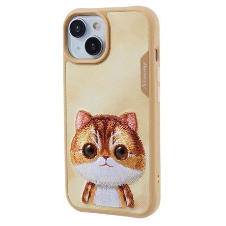 iPhone 15 Hybrid Bakdeksel m. Dyremotiv og broderi - Orange Cat