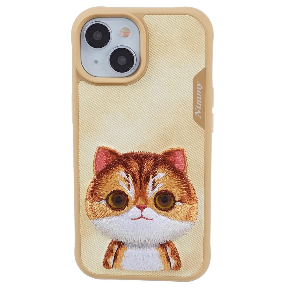 iPhone 15 Hybrid Bakdeksel m. Dyremotiv og broderi - Orange Cat