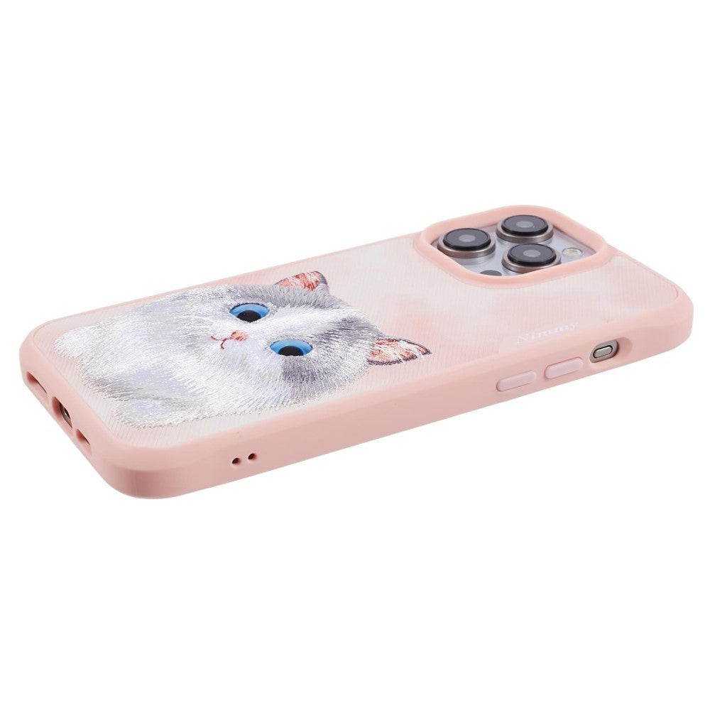 iPhone 15 Pro Hybrid Bakdeksel m. Dyremotiv og broderi - Grå katt