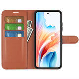 EIDERWOOD Oppo A79 (5G) Litchi Leather Flip Cover m. Lommebok- og stativfunksjon - brun
