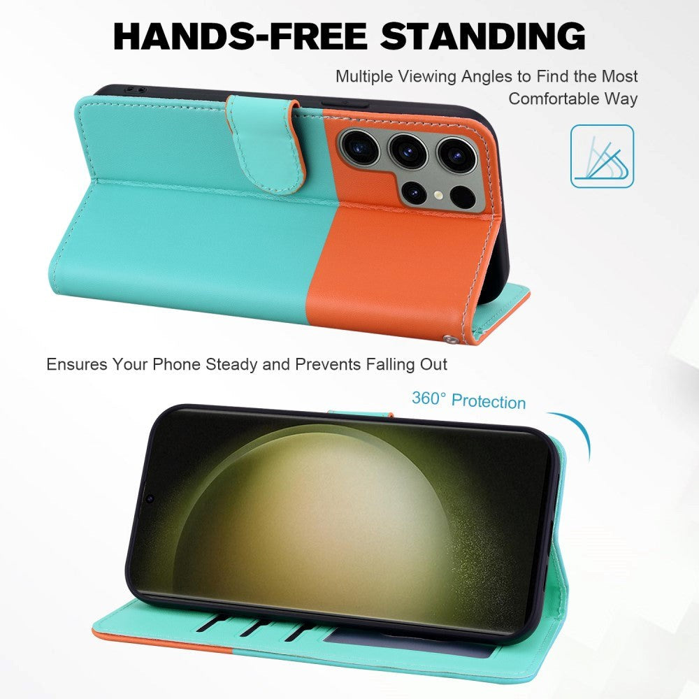 Samsung Galaxy S24 Ultra Flip-deksel m. Stropp / Stativfunksjon / Kortholder - Oransje / Blå (katter)