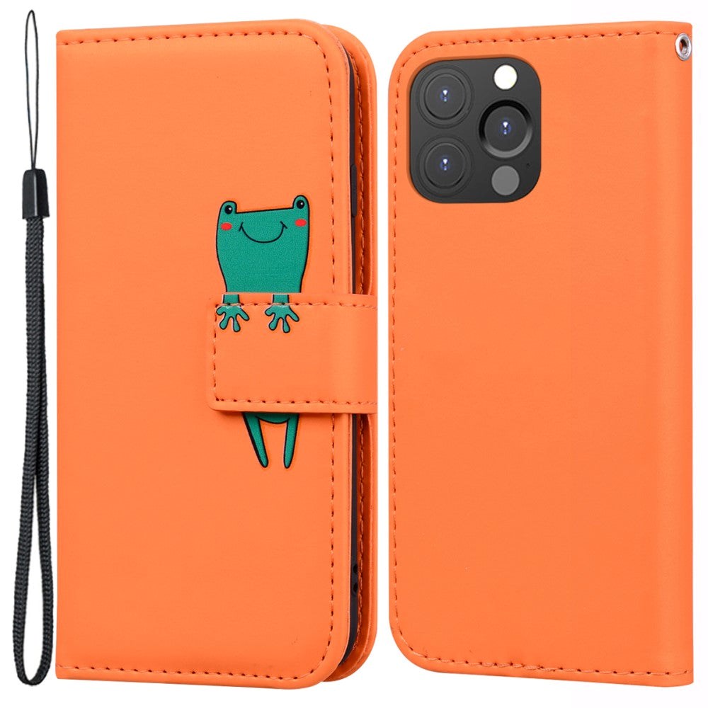 iPhone 13 Pro Flip Cover m. Stropp / stativ funksjon / kortholder - oransje (frosk)