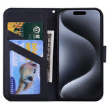 iPhone 15 Pro Flip Cover m. Stropp / stativ funksjon / kortholder - svart (Panda)