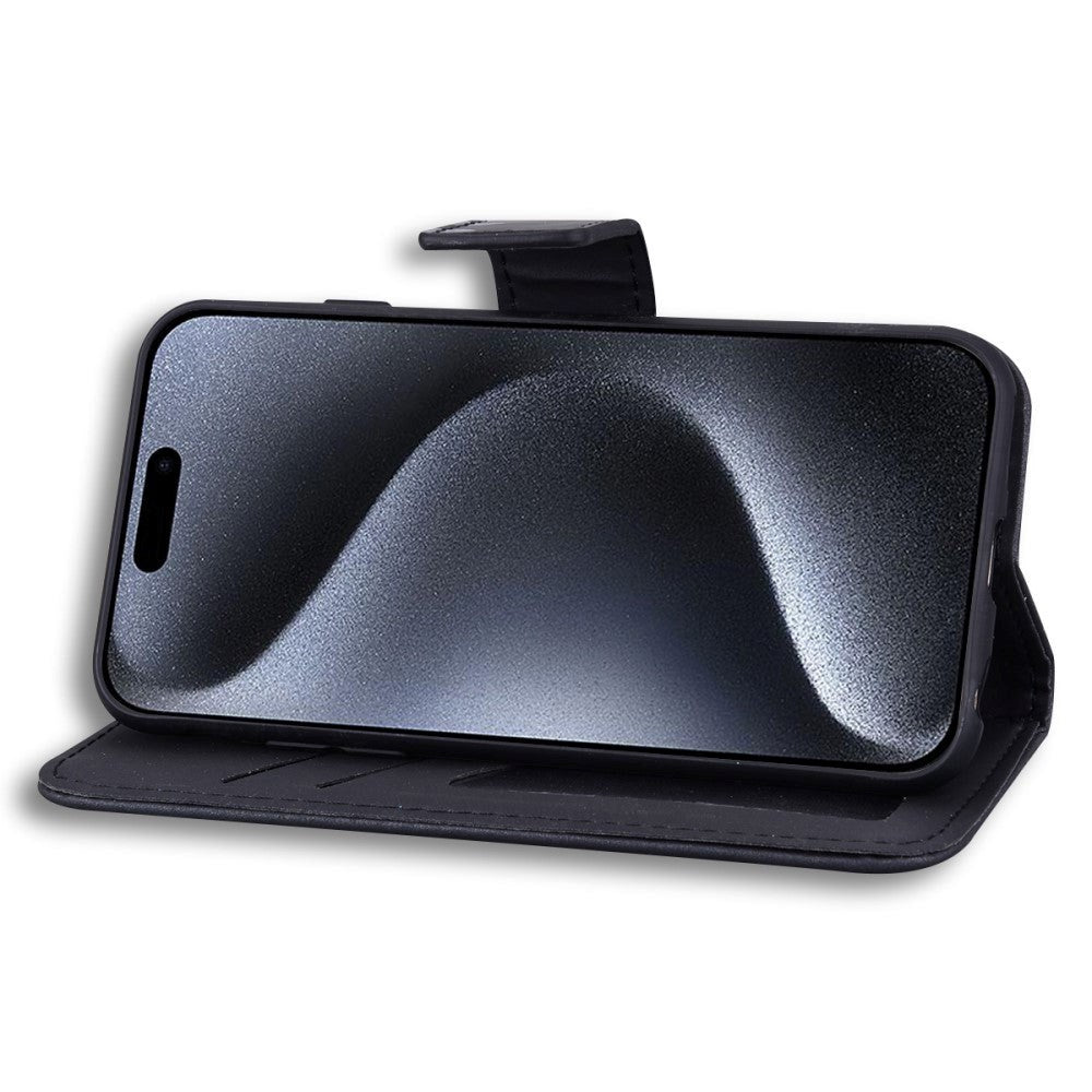 iPhone 15 Pro Flip Cover m. Stropp / stativ funksjon / kortholder - svart (Panda)