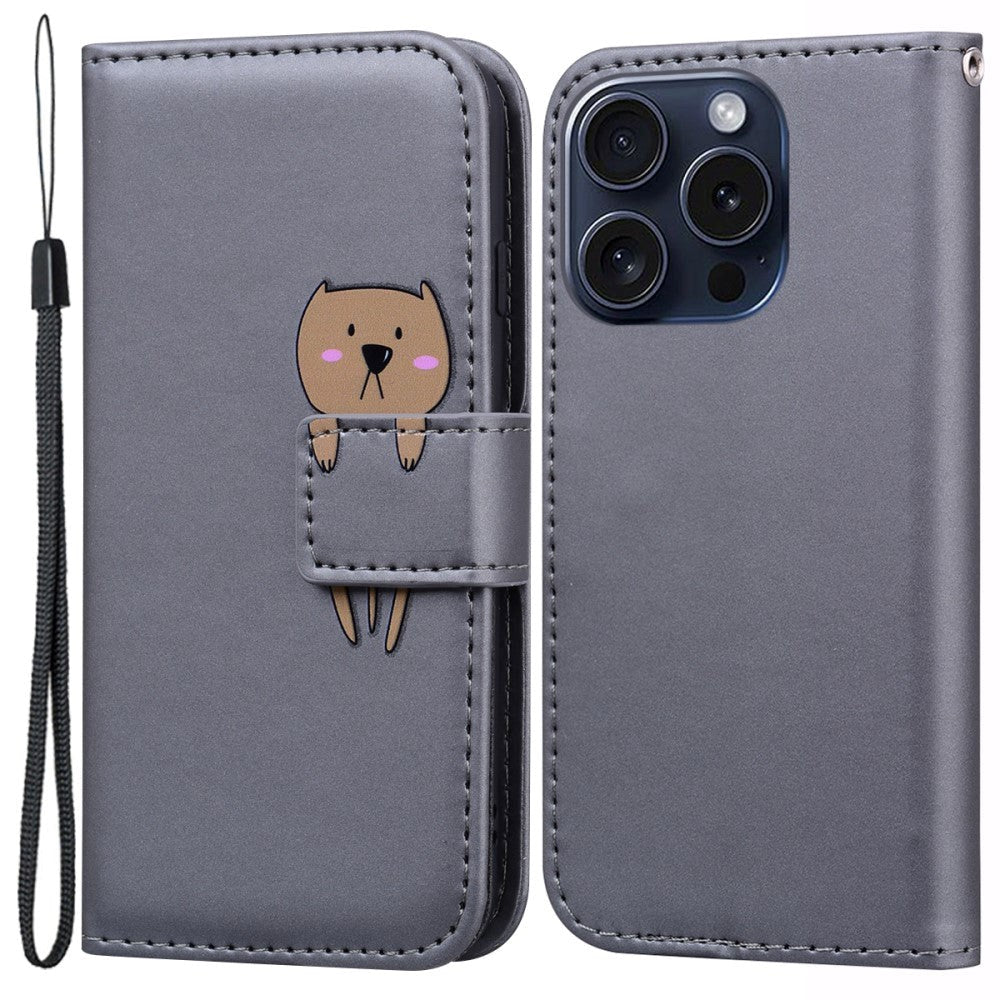 iPhone 15 Pro Flip Cover m. Stropp / stativ funksjon / kortholder - grå (hund)