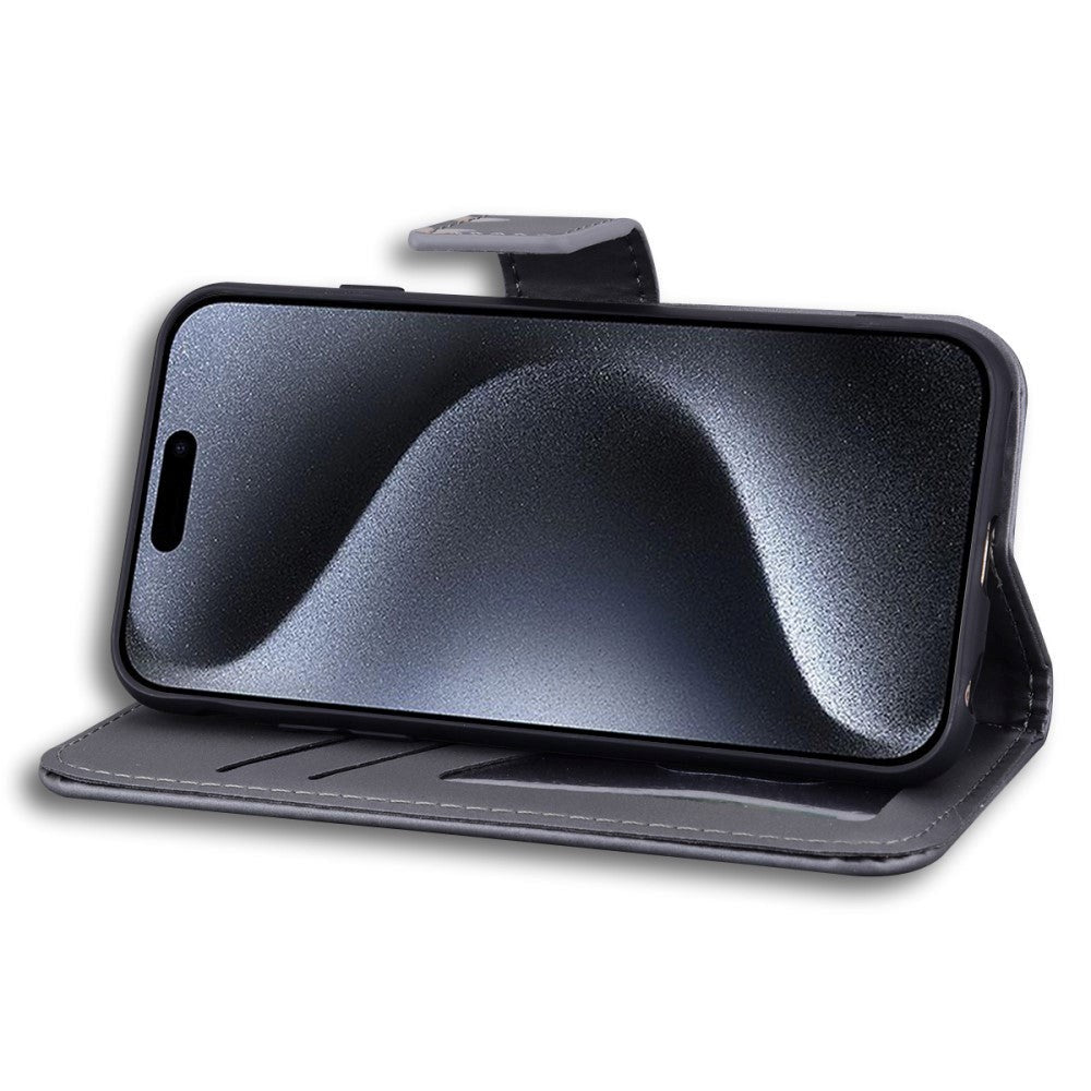 iPhone 15 Pro Flip Cover m. Stropp / stativ funksjon / kortholder - grå (hund)