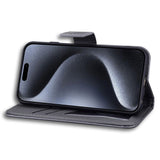 iPhone 15 Pro Flip Cover m. Stropp / stativ funksjon / kortholder - grå (hund)